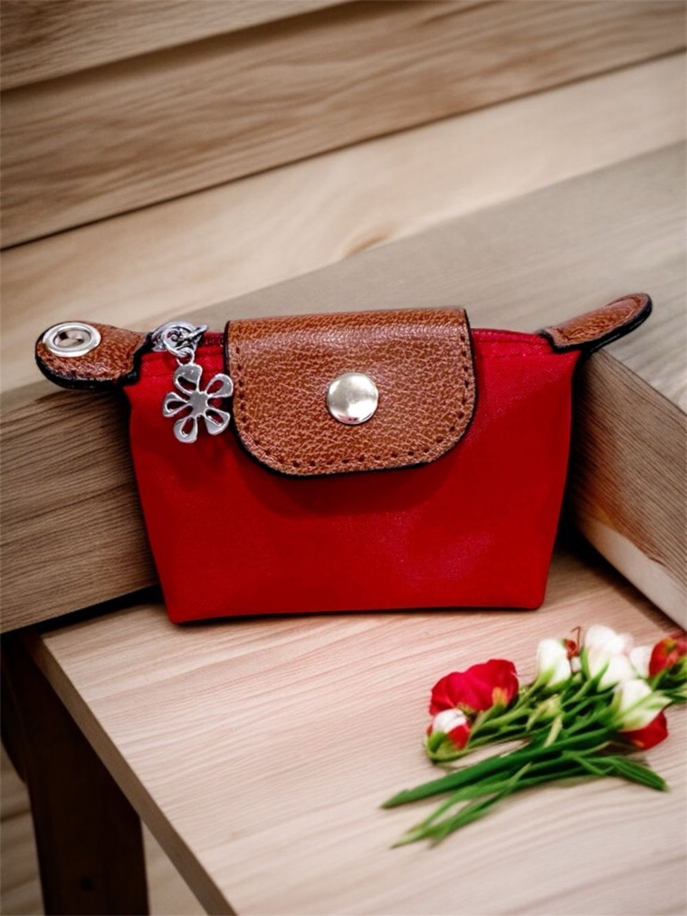 Longchamp Style Canvas Red Women's Pouch Brown Leather Trim Silver Flower Charm